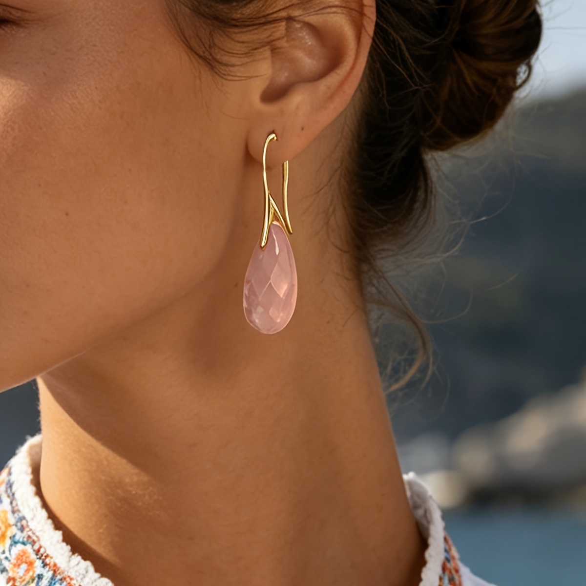 Women's Rose Quartz Water Drop Pendant Earrings, Bohemian